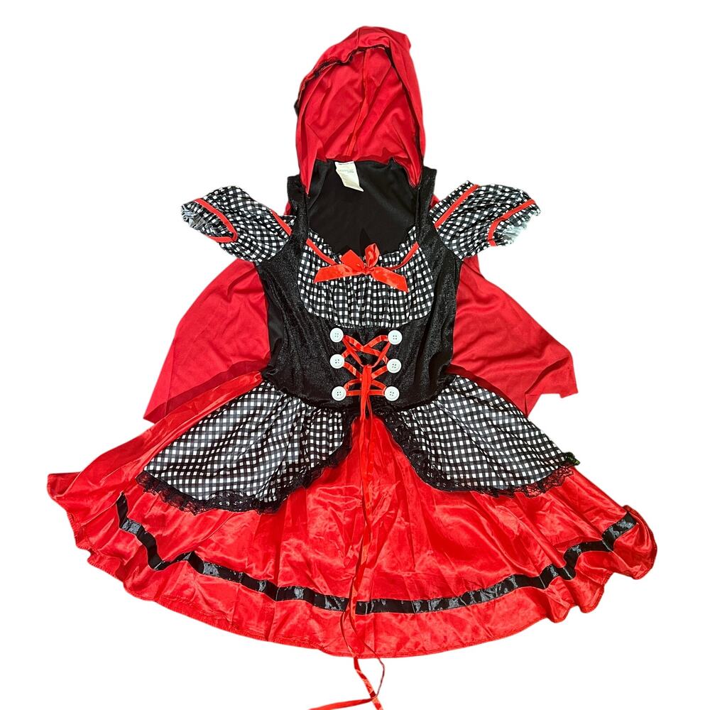 Red Riding Hood Costume Womens M 8-10 Red Black Gingham Hooded Dress Adult - Picture 2 of 12